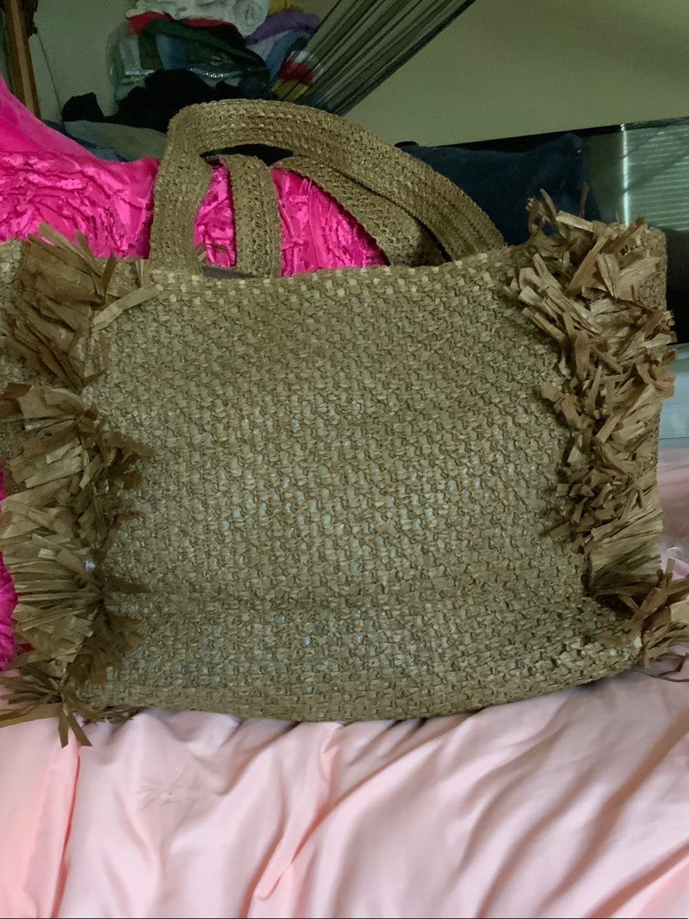 Woven Fringe Straw Tote Bag in Brown